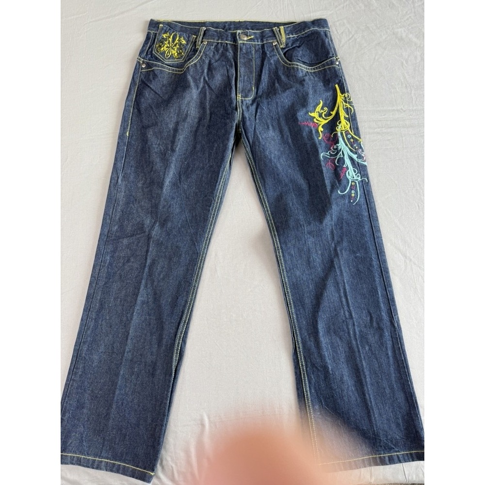 Miskeen Jeans Mens 40 Blue Embroidered Straight Yellow‎ Red Stitch Peru Denim